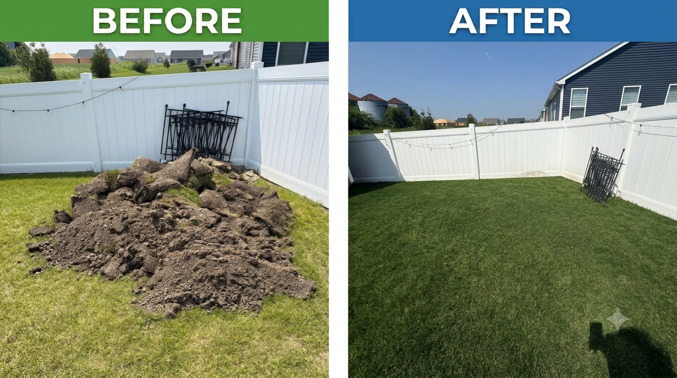 Before and after: Dirt spoils out, lawn restored